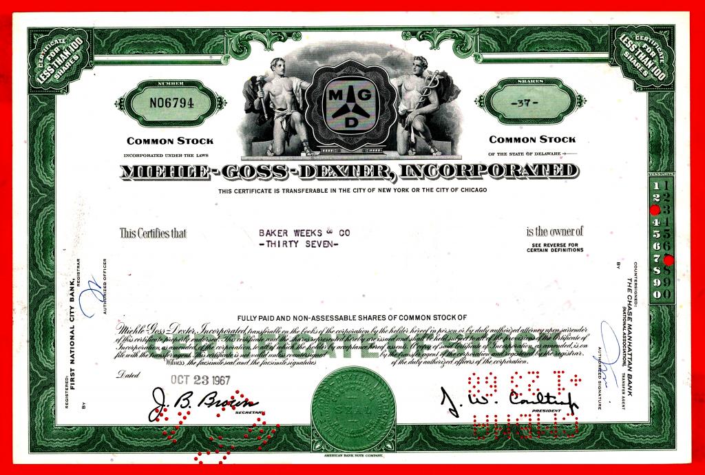 США, Станкостроение MIEHLE-GOSS-DEXTER Inc. сертификат на 37 акций, 1967, aUNC, № NO6794