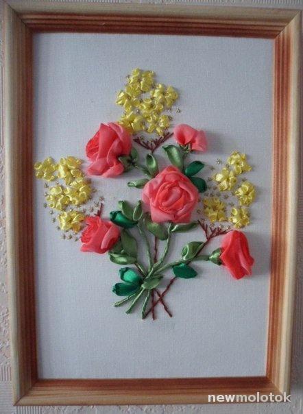 КРАСИВАЯ КАРТИНА ВЫШИТАЯ ЛЕНТАМИ "БУКЕТ" РУЧНАЯ РАБОТА