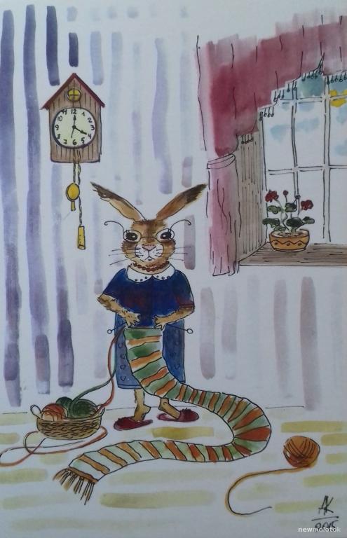 ОТКРЫТКА КАРТОЧКА ПОЧТОВАЯ ЧИСТАЯ ЗАЯЦ ВЯЖЕТ ШАРФ 2015 ИДЕАЛЬНОЕ СОСТОЯНИЕ