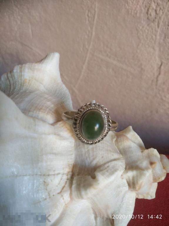 Кольцо с нефритом. Филигрань, мельхиор, натуральный камень. СССР. 