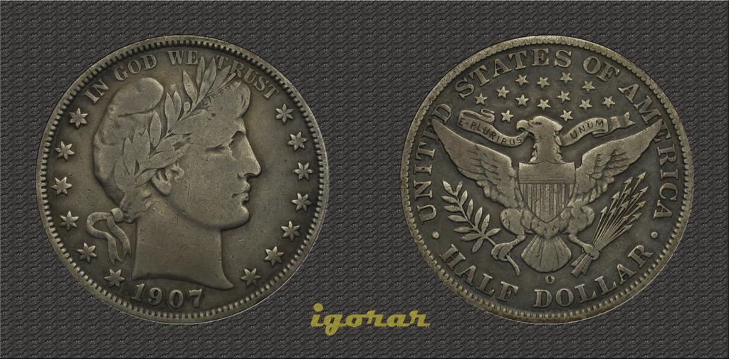 США 50 центов 1907-O Барбер