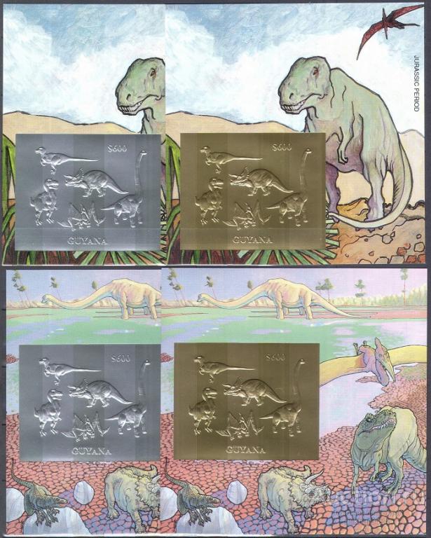 С6414 ✅ Доисторическая Фауна Динозавры ЗОЛОТО СЕРЕБРО 1993 Гайана 4Блока п/с ** 200МЕ