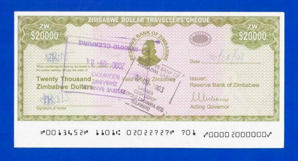 Зимбабве. 20000 долларов, 2003. Дорожный чек. VF/XF. Мультилот