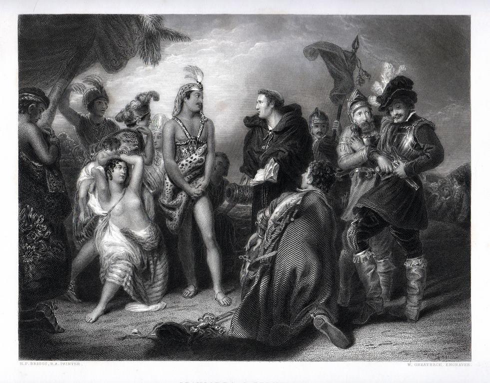 гравюра Англия Испанцы и Перуанцы 1840 год