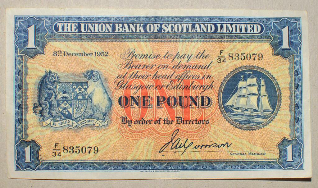 Union Bank of Scotland Шотландия 1 фунт 1952 XF+