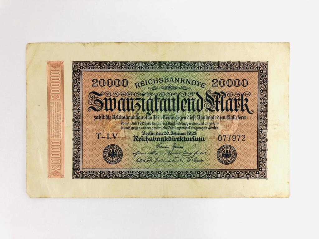 Имперская банкнота. Германия. Reichsbanknote. 20000 марок. 1923 год. Номер: T-LV № 077972