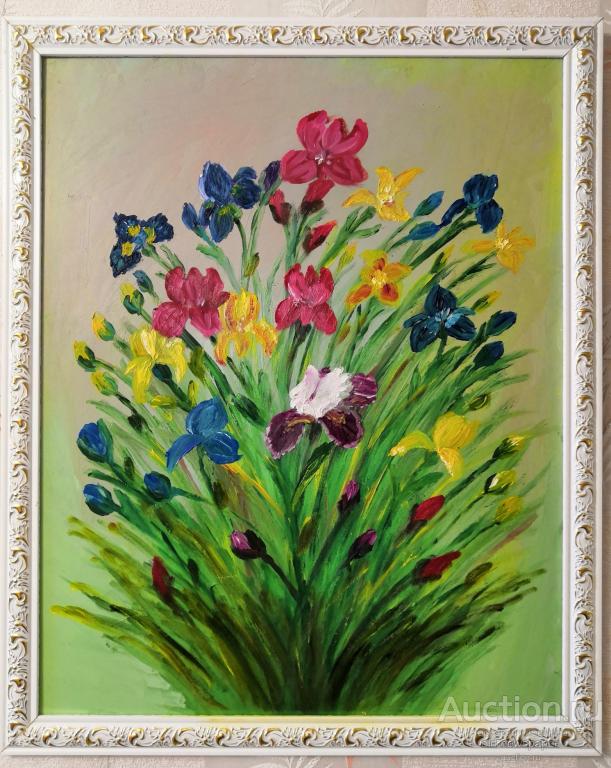 Картина. Ирисы. Масло на ДВП 45 на 55 см.