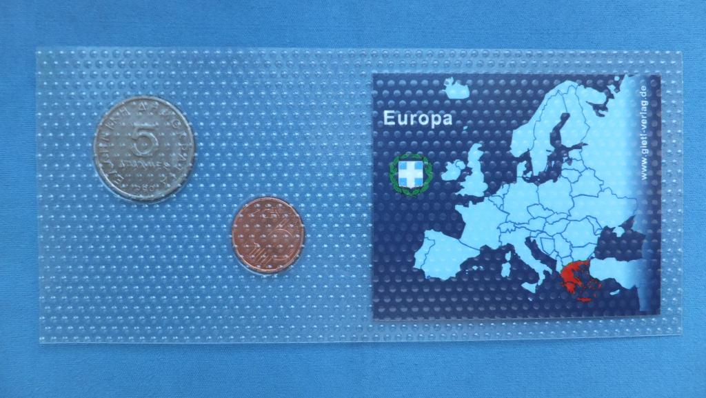 Греция Набор Монет 5 Драхма ЕвроЦент 1 лепта ац unc запайка