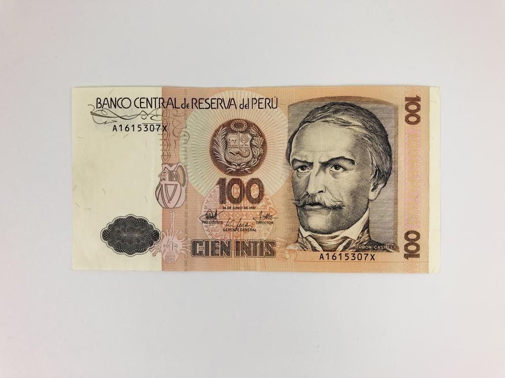 Банкнота. Перу. 100 интис. 1987 год. Номер: A1615307X