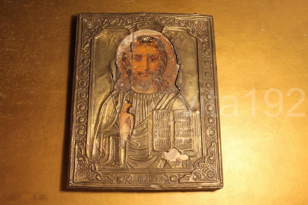 ИКОНА. ВСЕДЕРЖИТЕЛЬ. ОКЛАД ЛАТУНЬ. МОСКВА КЛЕЙМО. С. КРЕСТЬЯНИНОВ С СЫНОВЬЯМИ. * 