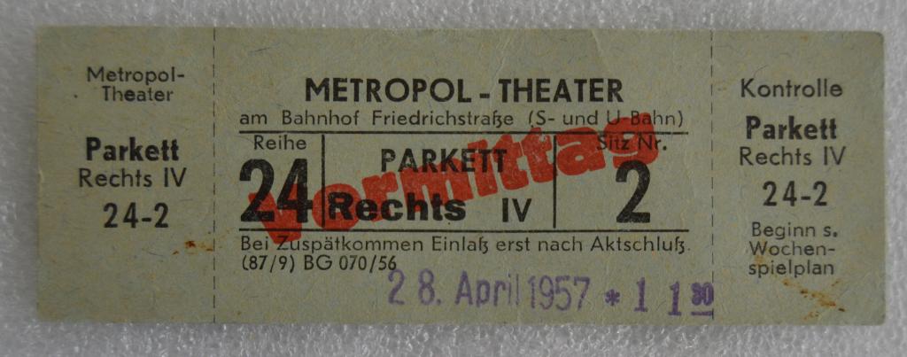 Билет Театр Метрополь Берлин ГДР - 1957 год