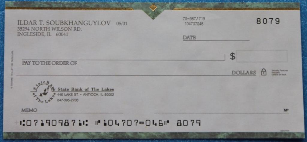 Корешок чека State bank of the Lakes г.Антиох Калифорния США
