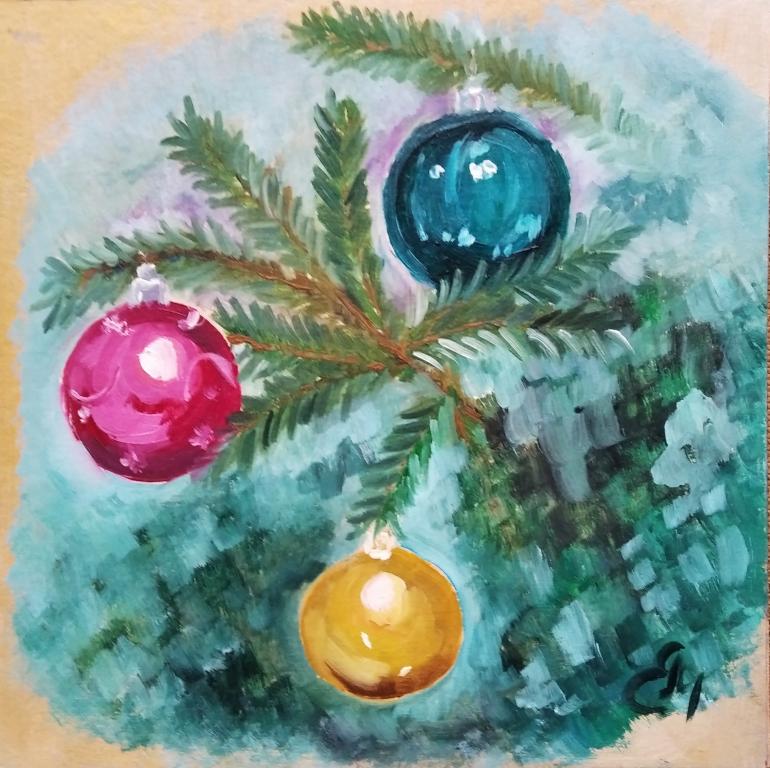 Картина маслом Ёлочные игрушки этюд  живопись маслом новый год ёлка натюрморт картон