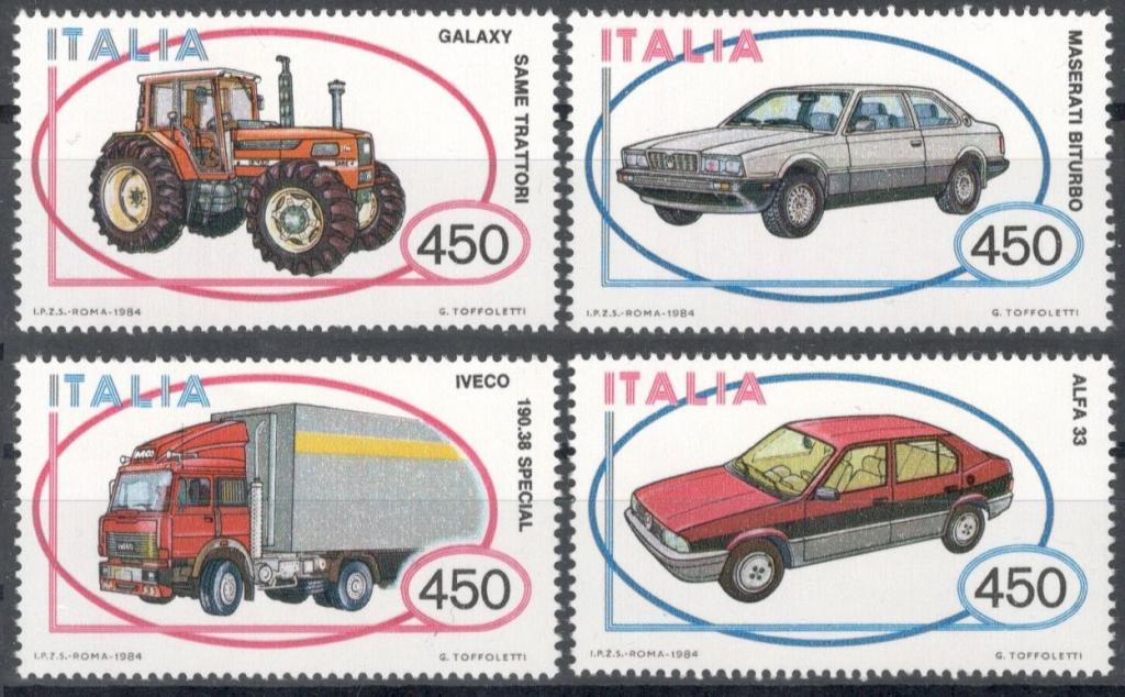 Италия, 1984, № 1872-1875, € 3, MNH, полн., автомобили, Итальянская автомобильная техника