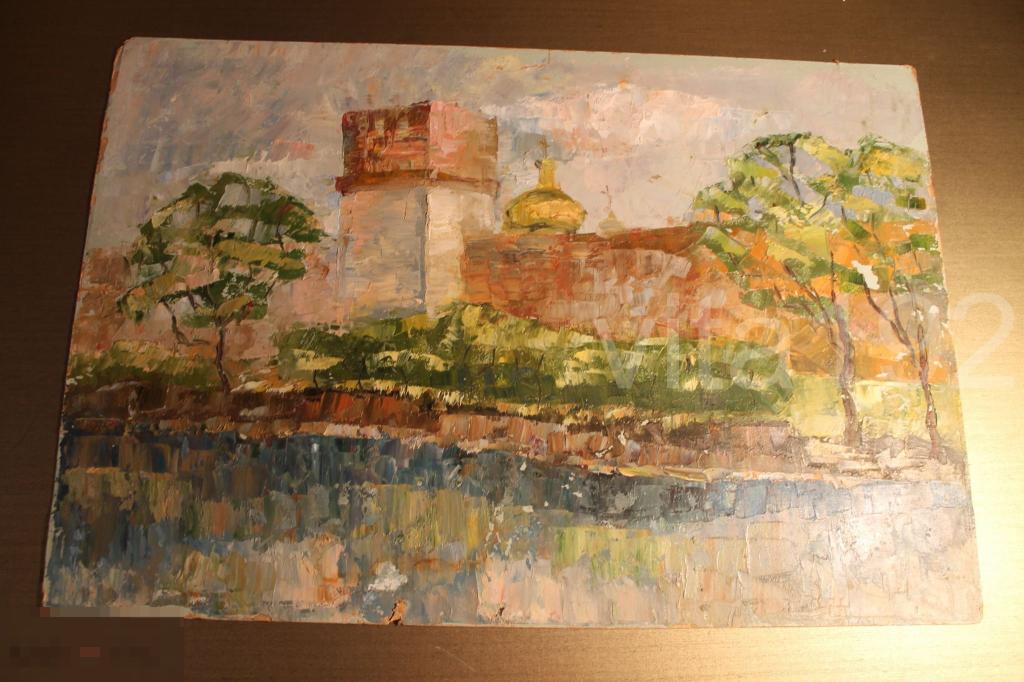 КАРТИНА. КАРТОН. МАСЛО. ЦЕРКОВЬ. КРЕПОСТЬ. КУПОЛА. 