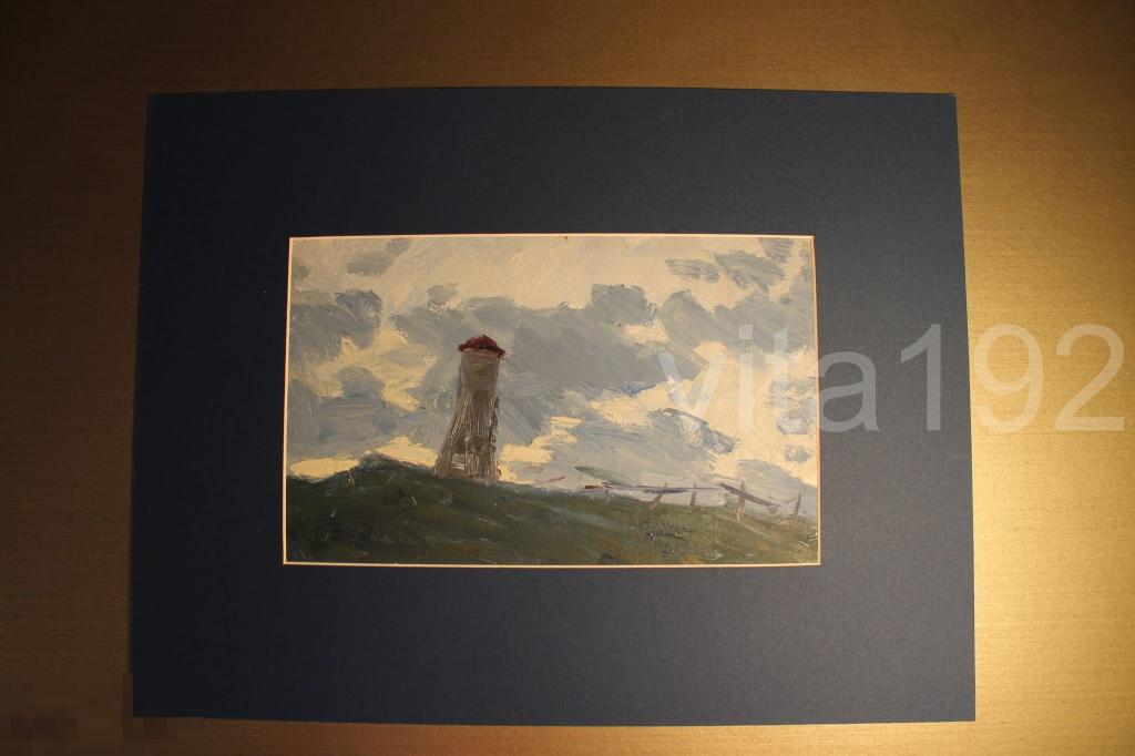 КАРТИНА. ЖУК В.К. МАЯК НА ИКШИНСКОМ ВОДОХРАНИЛИЩЕ. КАРТОН. МАСЛО. 1963 ГОД. ПАСПАРТУ. 