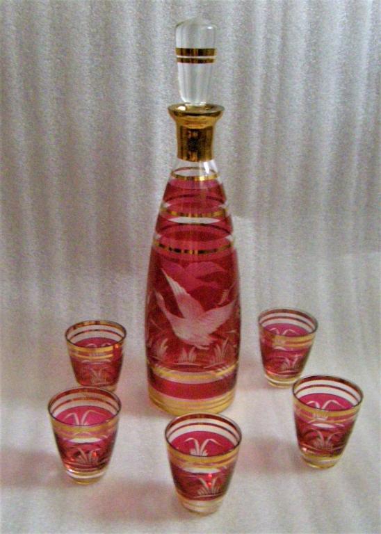 Сервиз. Набор.Травление. Золото. Графин. Стопка. Чехословакия. Эпоха СССР. Богемское стекло. Богемия