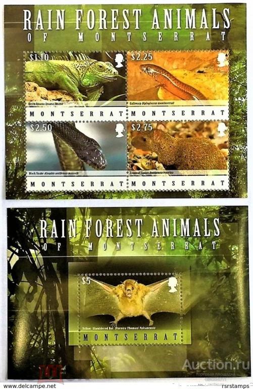 Монтсеррат 2009 Игуана Змеи Пресмыкающиеся Агути Грызуны Летучие мыши Фауна к/боген+бл**