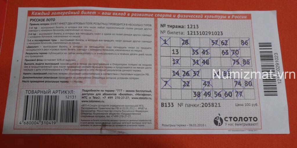 Как выглядит билет русского лото