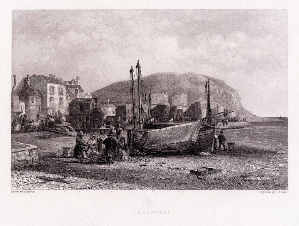Гравюра Англия Город Гастингс hastings Море Корабль Парусник  1842 г.