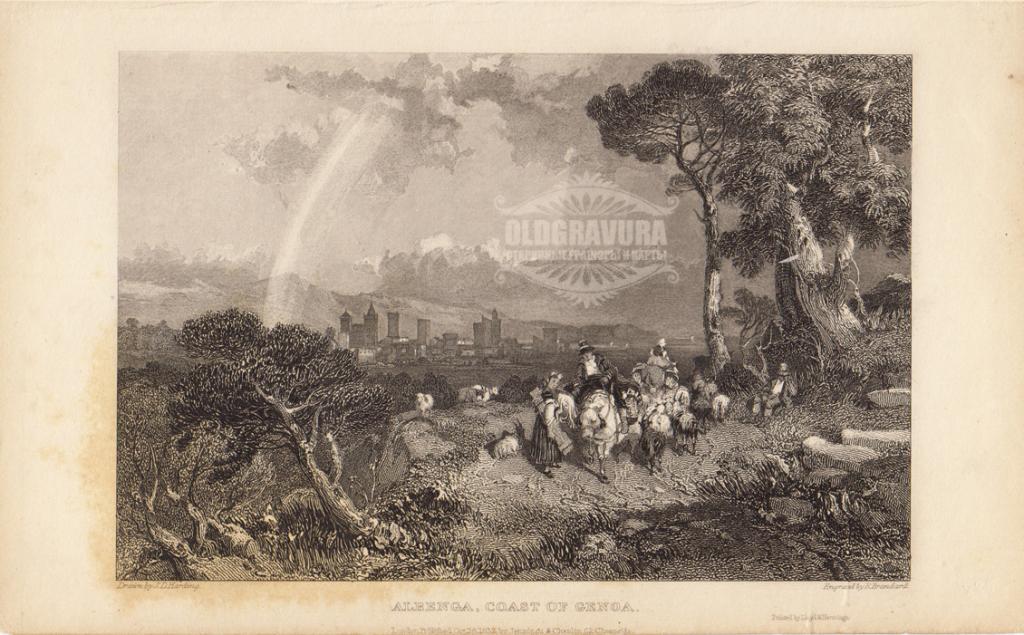 1832 год. Альбенга, Лигурия, Италия, гравюра, офорт S22444
