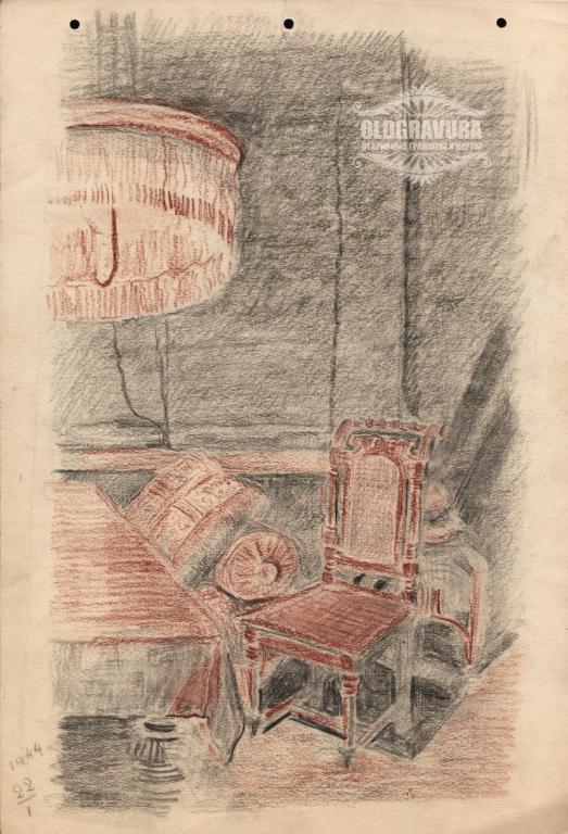 1944 год. Графика, Интерьер комнаты, картон, карандаш ART0049