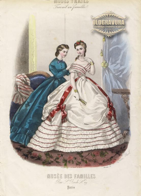 1864 год. Девушка в шикарном платье с веером, мода, гравюра, акварель S23215
