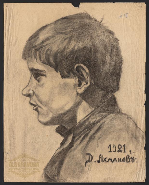 1921 год. Д.Ахманов, графика, уголь, Портрет юноши ART0039