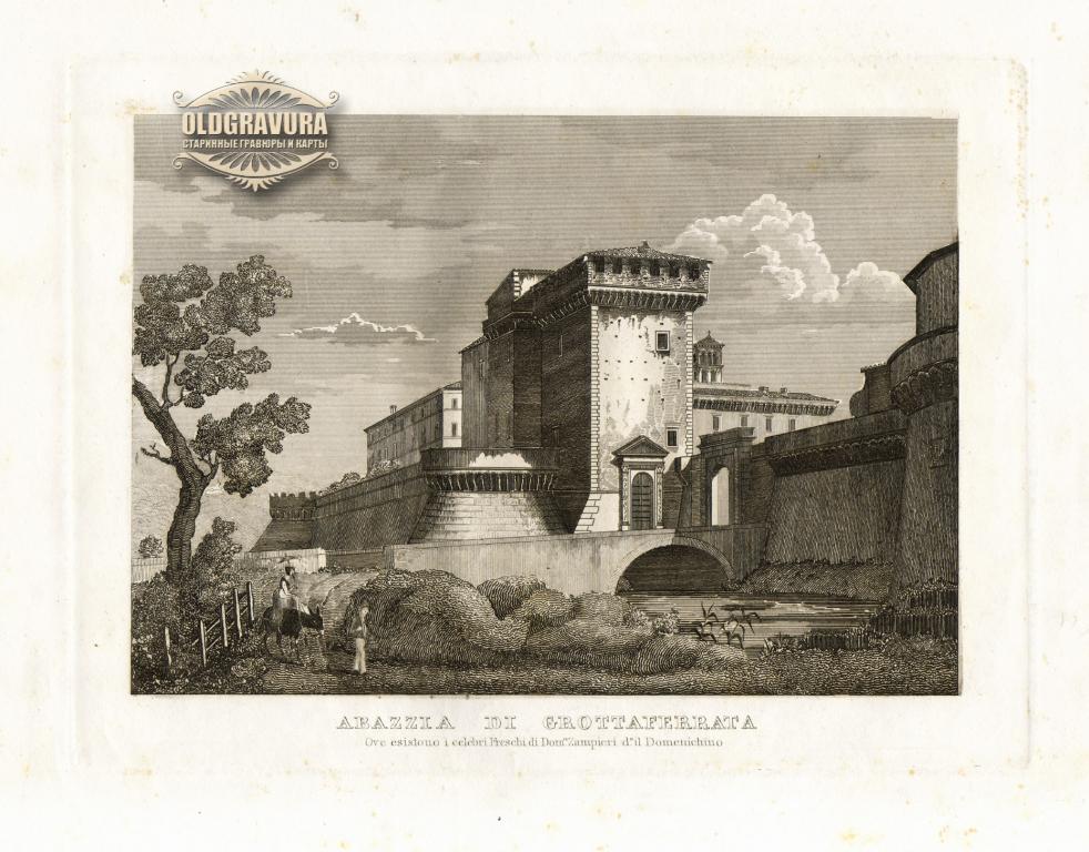 1851 год. Италия, Монастырь Гроттаферрата, старинная гравюра S23729