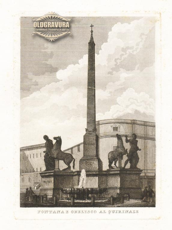 1851 год. Италия, Рим, Фонтан Диоскуров, старинная гравюра S23724