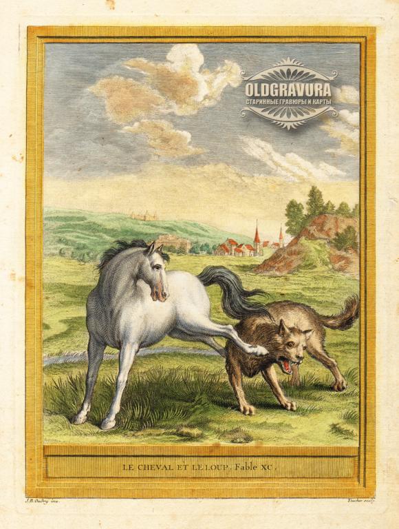 1759 год. Лошадь и волк, антикварная гравюра, акварель S23337