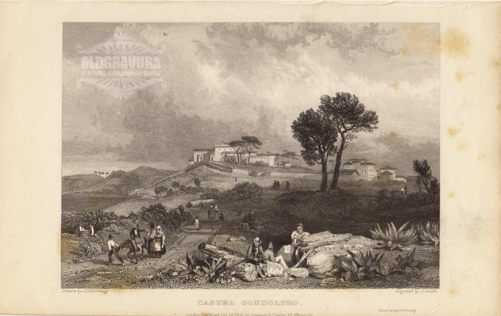 1832 год. Гравюра, офорт, Кастель-Гандольфо, Италия S22432