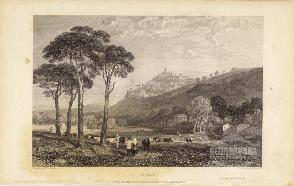 1832 год. Гравюра, офорт, Треви, Умбрия, Италия S22434