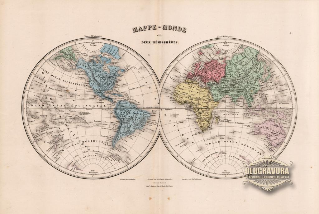 1882 год. Старинная гравированная карта полушарий Земли S6693
