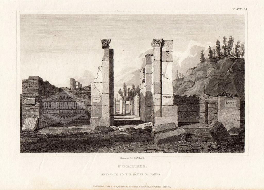 1818 год. Гравюра, Италия, Помпеи, вход в дом Пансы S20852