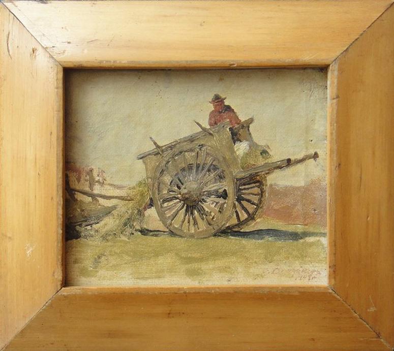 1909 год. Старинная картина в раме Телега с сеном ART0022