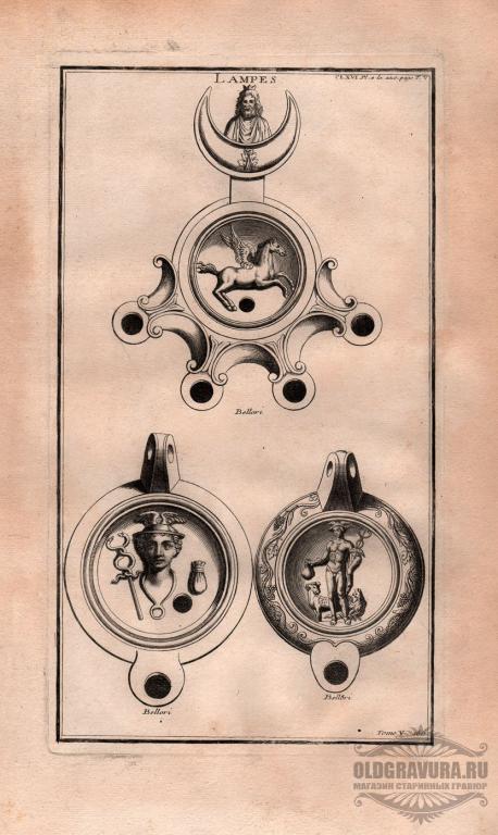 1722 год. Гравюра Монфокон Античные масляные лампы S10657
