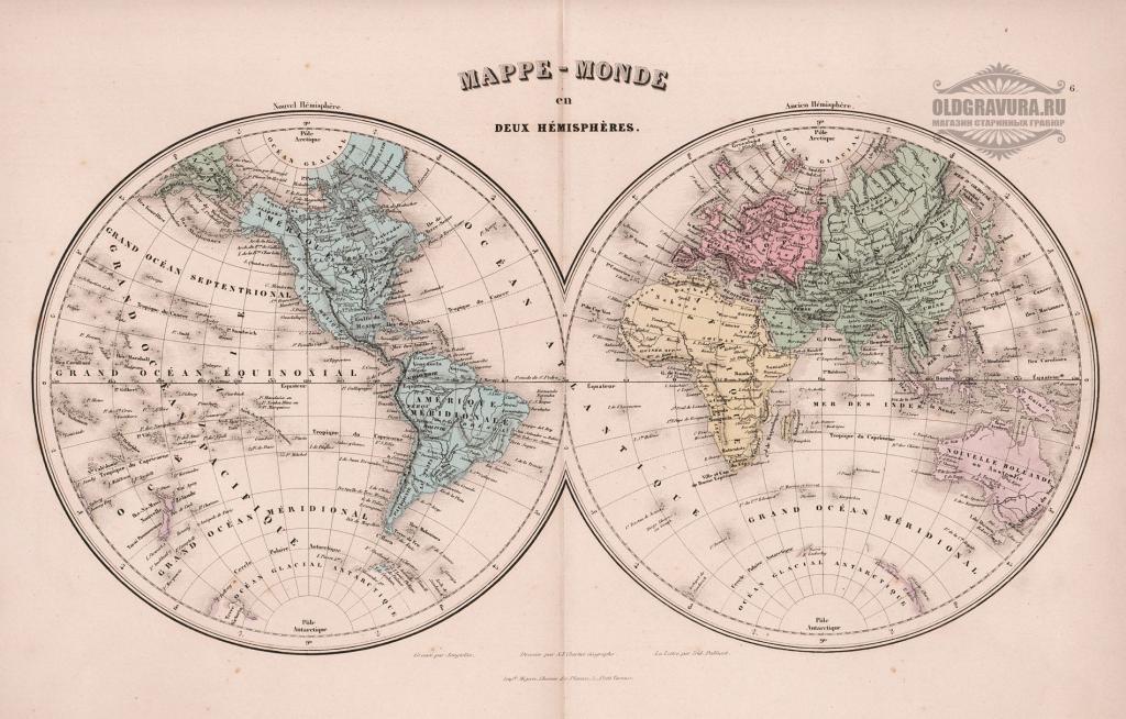 1880-е гг. Старинная карта Мира, полушария S6108