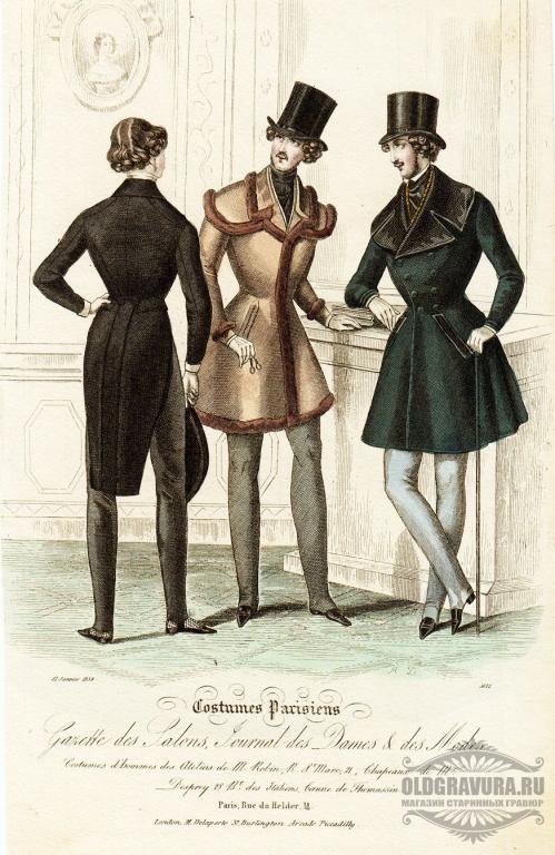 1839 год. Редкая антикварная гравюра Мужская мода S11049