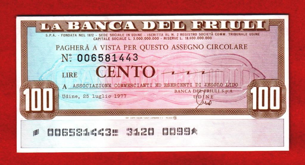Италия, Фриули, La Banca del Friuli, 100 лир, 1977, UNC, ВОДЯНЫЕ ЗНАКИ, № 006581443