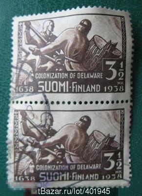 Финляндия 1938   300 лет шведско-финской колонизации Делавэра  Sc#214 (3$ штука) Used 
