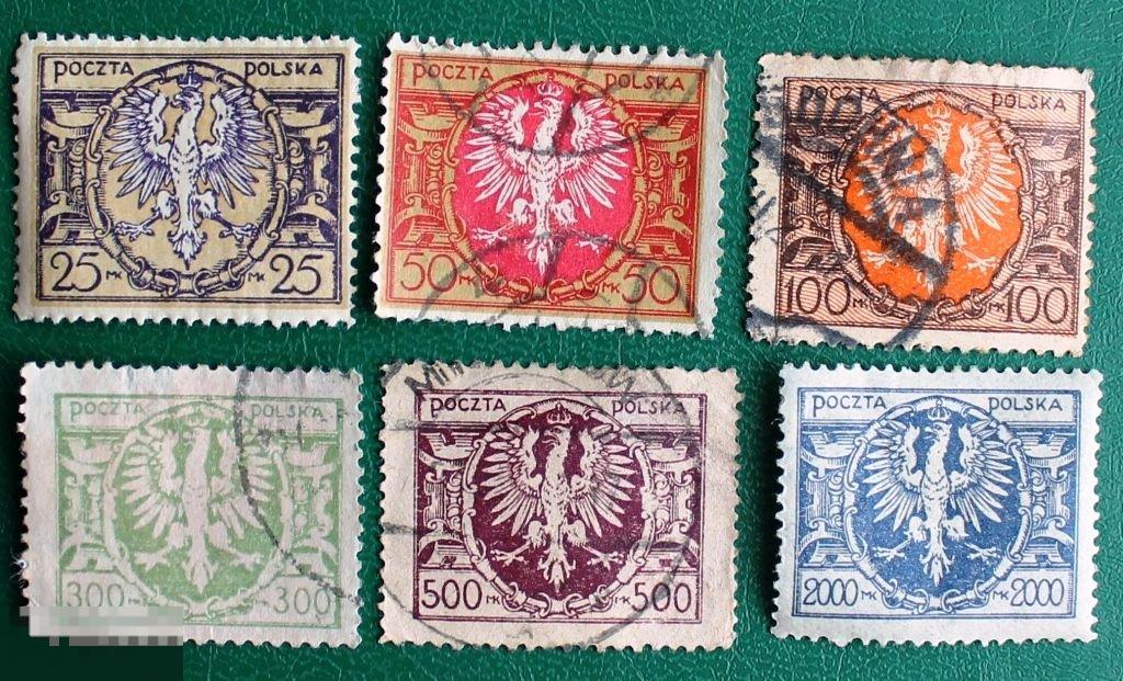 Польша 1921-23 Герб Орел Sc#163-165,167, 169, 169В Used 