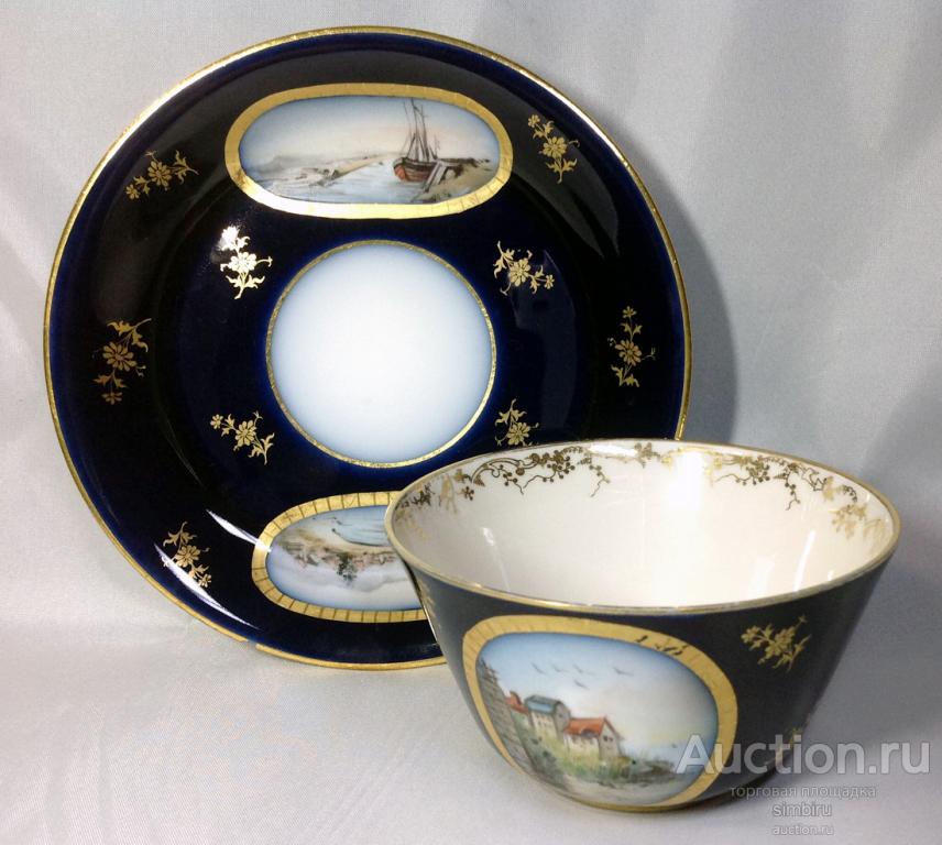 ЛИМОЖ ЧАЙНАЯ ПАРА ЖИВОПИСЬ ФАРФОР WILLIAM GUERIN LIMOGES 1910 г