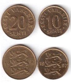 658 Эстония монета 10 центов 1991г и 20 центов 1992г