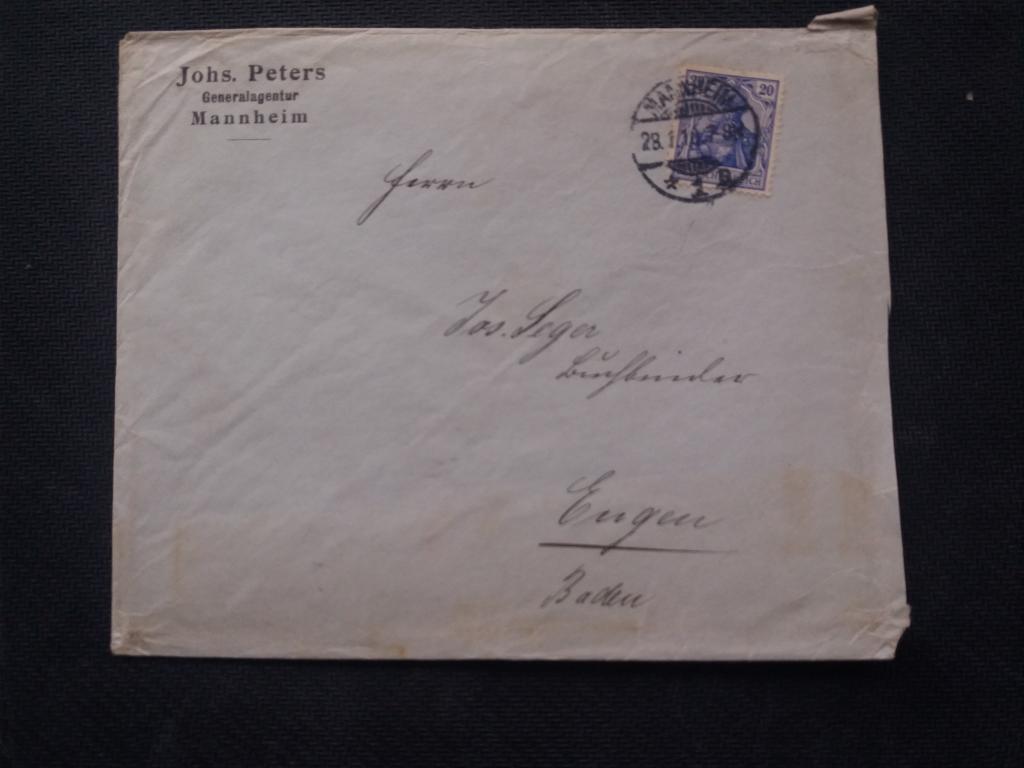 Конверт. Германия  Штемпель 1910 год  г. Мангейм  ( земля Баден - Вюртемберг )