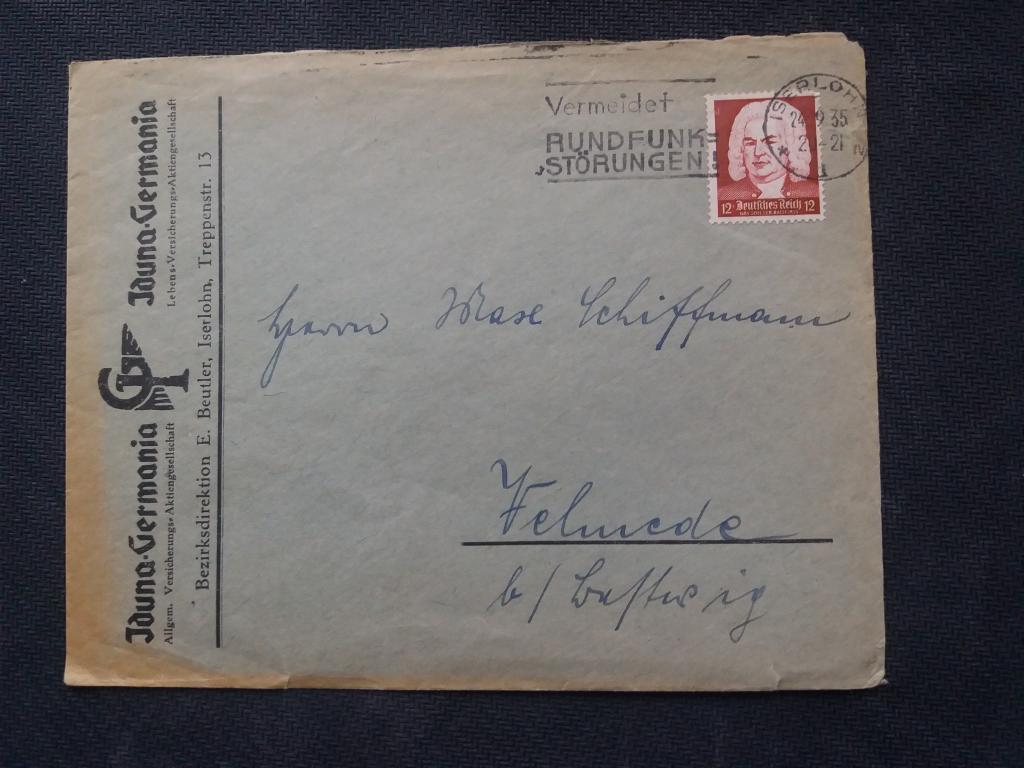 Конверт. Германия  1935 год . Квадратная печать !! ( избегайте широковещательных помех )