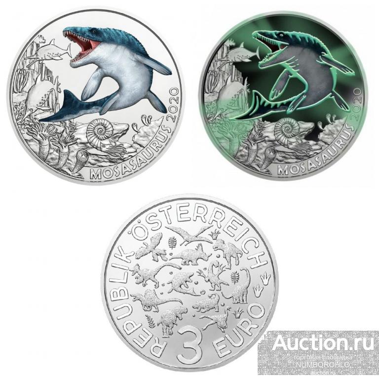 Австрия 3 евро 2020 Супер динозавры - Мозазавр /Mosasaurus/