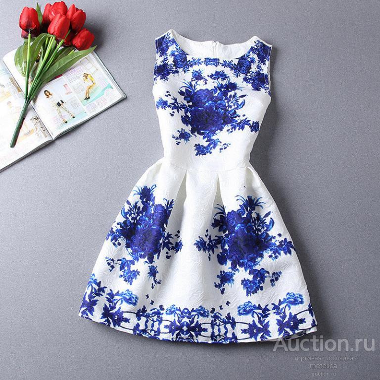 Белое Платье С Синими Цветами