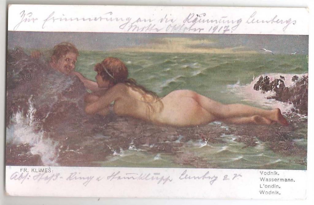Старинная открытка - Водяной - художник Франтишек Климеш Fr. Klimes Германия 1917 г. -  Живопись НЮ