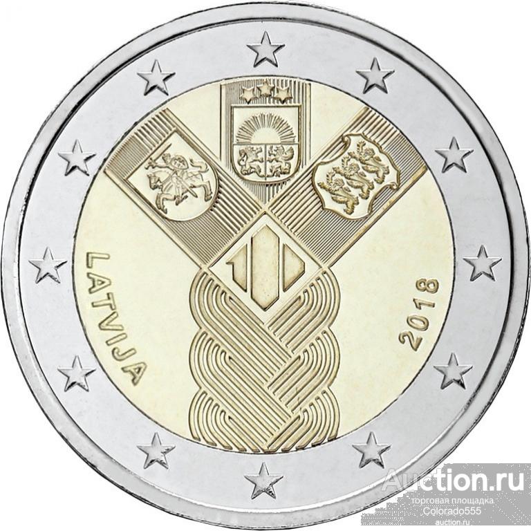 Латвия, 2 Евро 2018 г., 100-летие независимости прибалтийских государств. UNC.